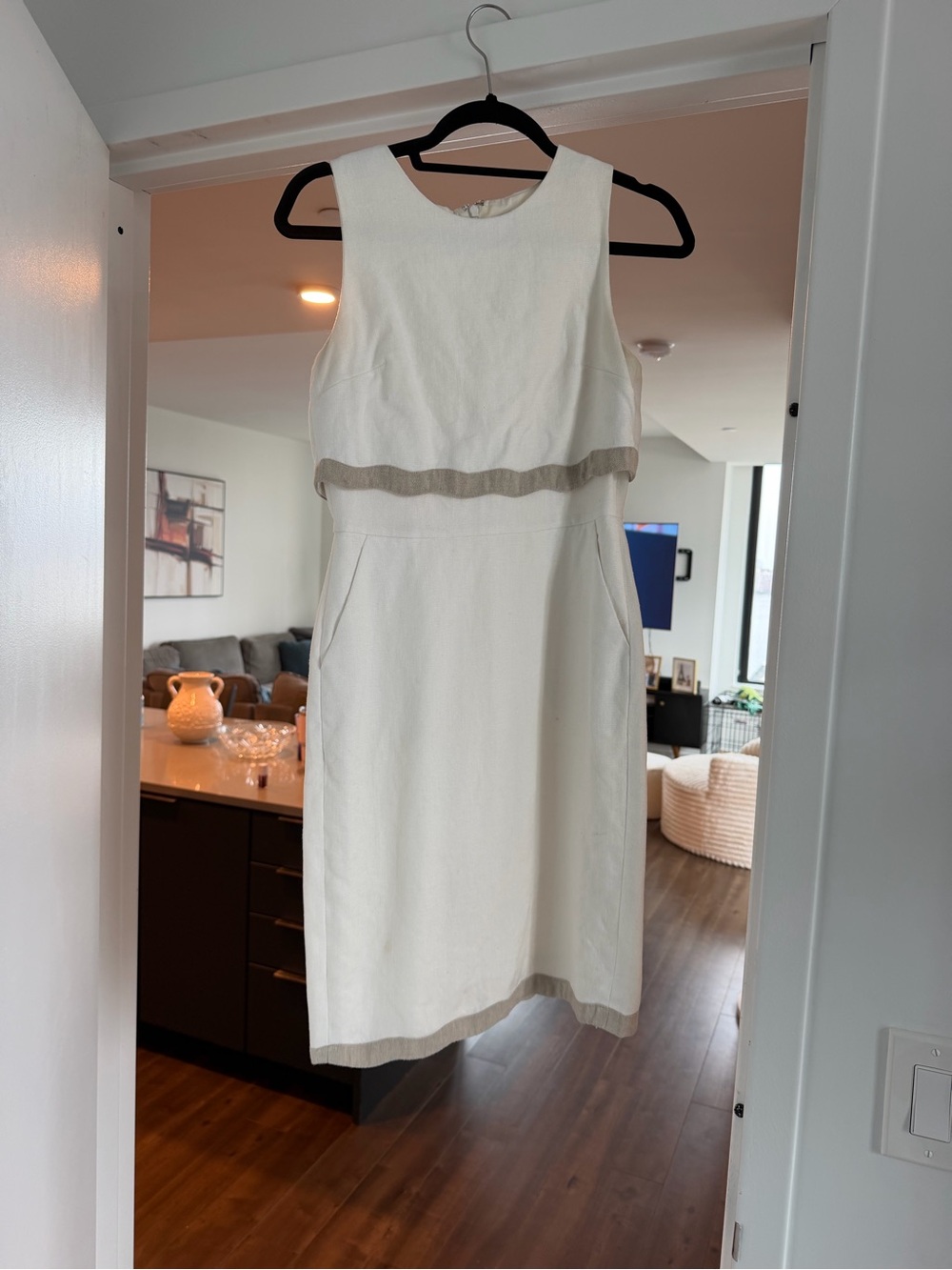 J. Crew Cream Sleeveless Midi Dress with Tan Trim